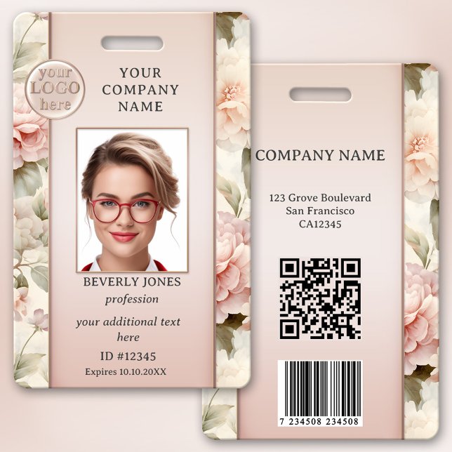 Crachá de Fotografia de Funcionário Floral Rosa Gi (Girly chic professional photo ID badge with your custom photo and logo on a floral pink background)