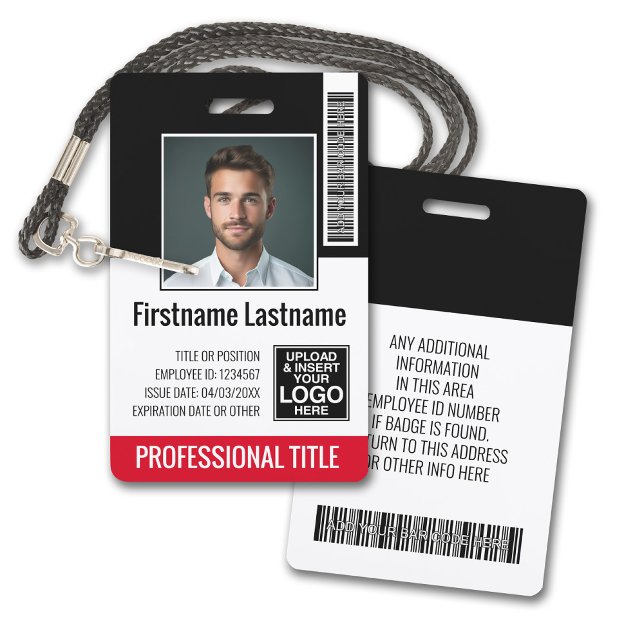 Crachá de Funcionário Personalizado - Foto, Código (Plastic ID Badge - Customize with Employee Photo and Credentials. Black and Red Accents)