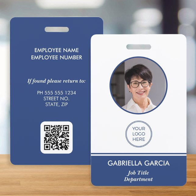 Crachá de ID Azul de Código QR de Funcionário Corp (Blue business id badge, with employee photo and your logo. QR Code and general business info. )