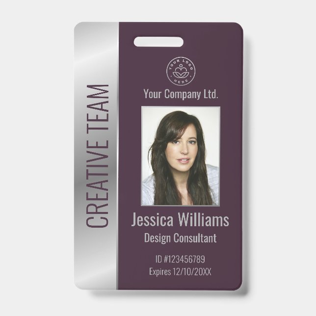 Crachá de ID Burgundy Prata Personalizado para Fun (Frente)