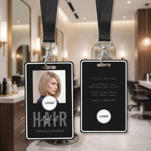 Crachá de ID com foto de estilista de cabelo preto
