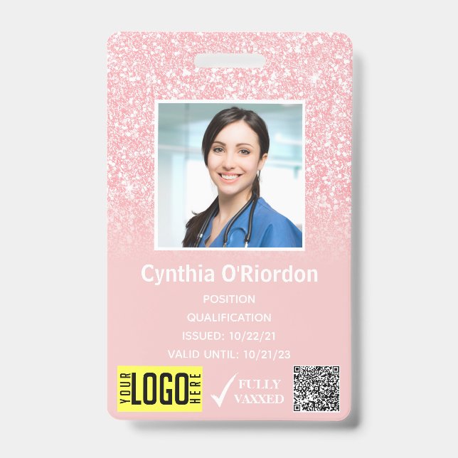 Crachá de ID com QR Code e Barra de Glitter Rosa p (Frente)