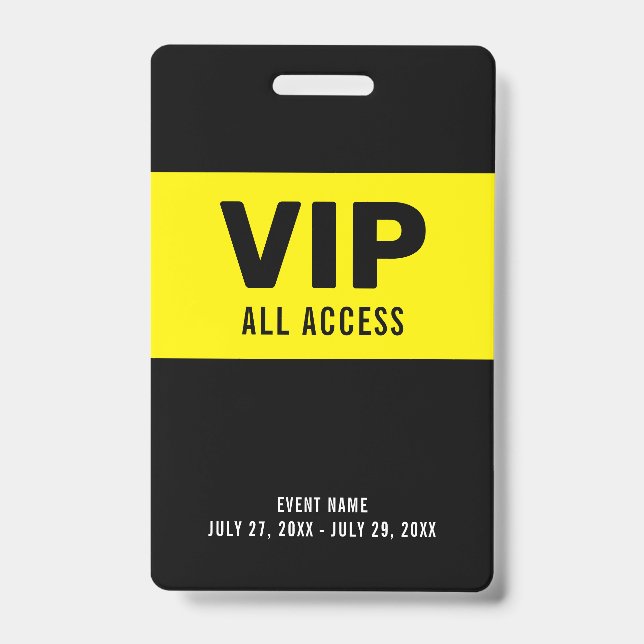 Crachá de ID de Evento Black Yellow VIP All Access (Frente)