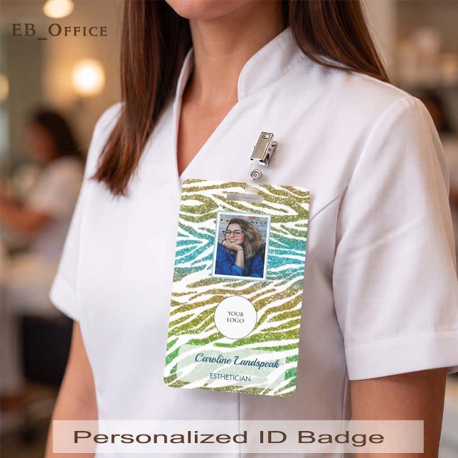 Crachá de ID de Foto com Estampa de Glitter Zebra  (Chic Peacock Glitter Custom Logo Photo ID Vertical Badge
Size: 2.13” x 3.38”
)