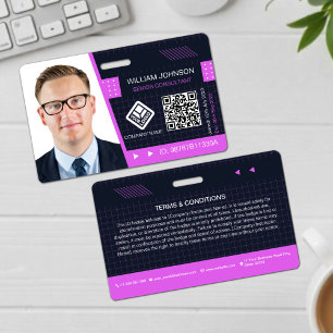 Crachá de ID de foto de código QR roxo   Funcionár