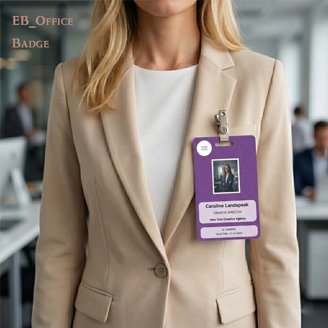 Crachá de ID de Foto de Couro Roxo Real Personaliz (Chic Royal Purple Leather Custom Logo Photo ID Vertical Badge. Size: 2.13” x 3.38”)