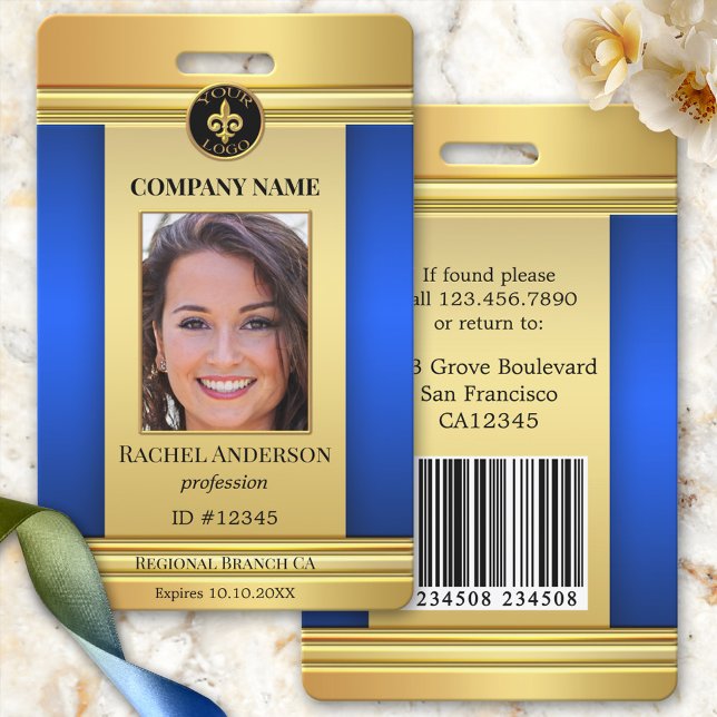 Crachá de ID de Foto de Funcionário Azul Elegante  (Elegant gold and blue design photo ID badge with space for your custom photo and logo)