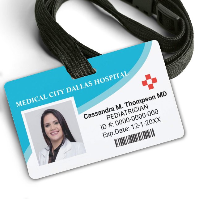 Crachá de ID de Foto do Funcionário Personalizado  (a modern blue hospital employee badge. Personalize it with your photo & info. Comes in other colors)