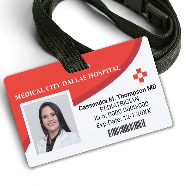 Crachá de ID de Foto do Funcionário Personalizado  (A modern red and white hospital employee badge, Personalize it with your info.)