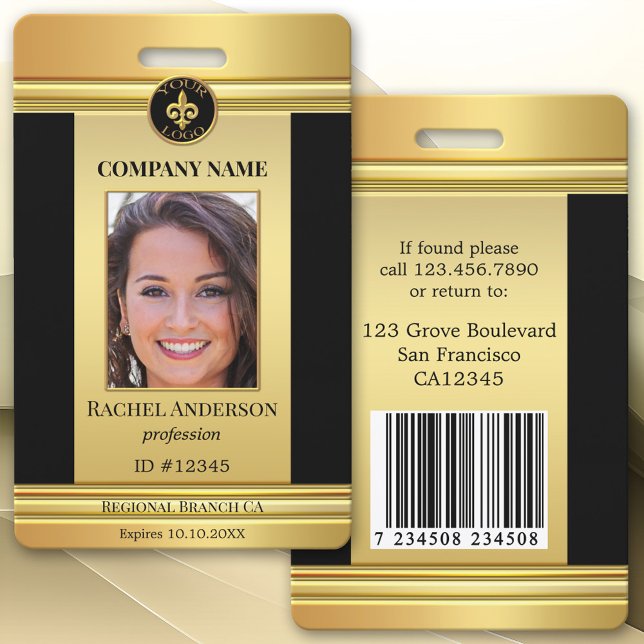 Crachá de ID de Foto do Funcionário Preto Dourado  (Elegant gold and black design photo ID badge with your custom photo, logo, QR code or bar code)