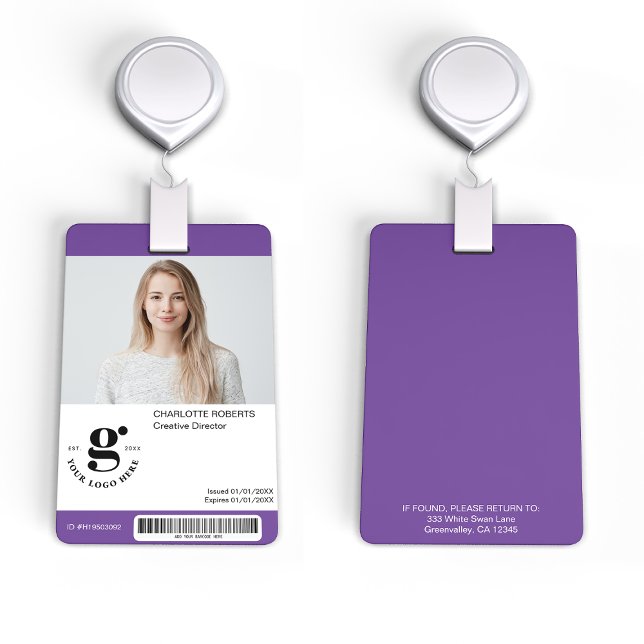 Crachá de ID de Foto Roxo com Código de Barras (Criador carregado)