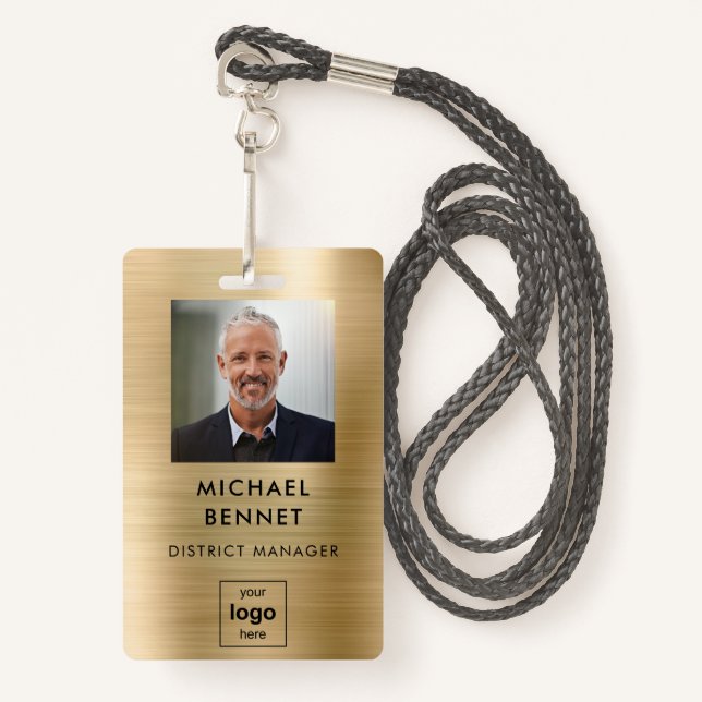 Crachá de ID de Fotografia para Funcionário Dourad (Frente com cordão)