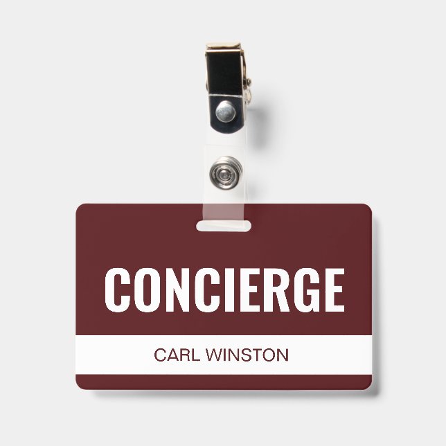 Crachá de ID de Funcionário de Concierge de Hotel  (Frente com clip)
