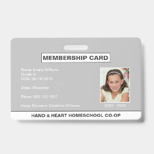 Crachá de ID de Membro CO-OP da escola doméstica