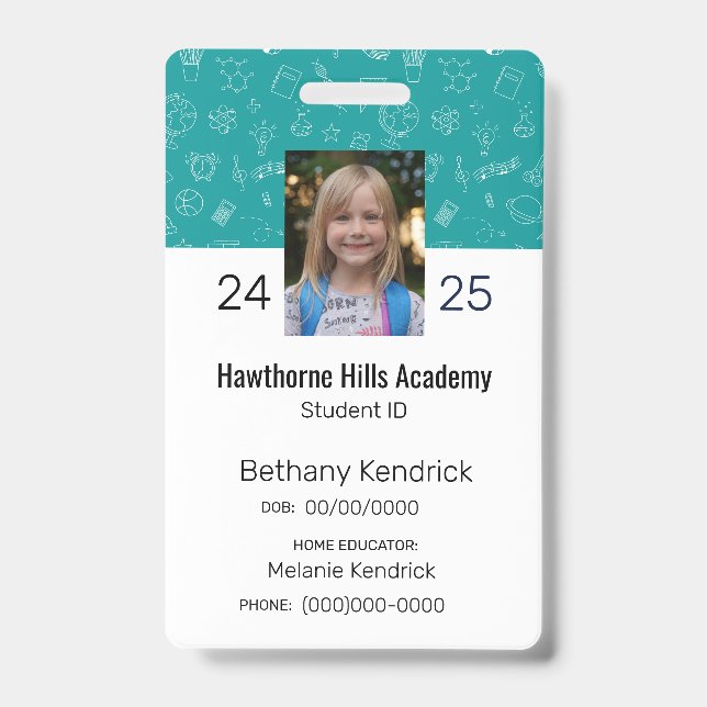 Crachá de ID do estudante de ensino teal (Frente)