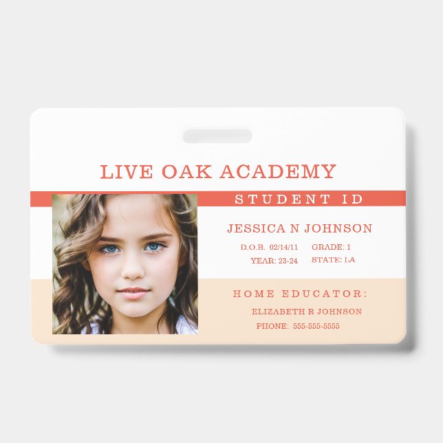 Crachá de ID do Estudante de Escolas Domésticas |  (Front)