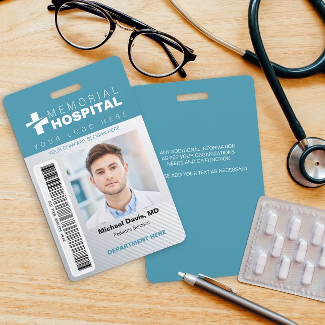 Crachá de ID do Hospital Azul com Foto e Código de (Criador carregado)
