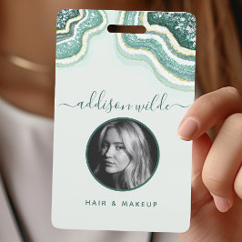 Crachá de ID Luxo de Geodo de Glitter Dourado Teal