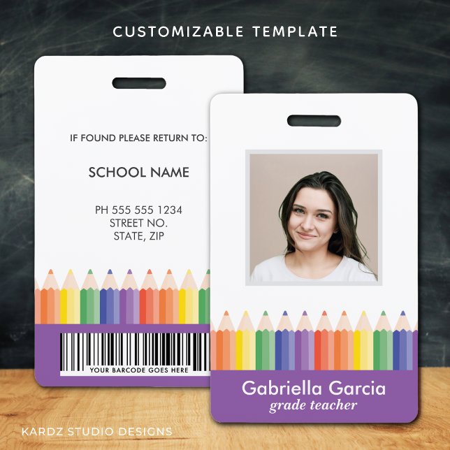 Crachá de ID personalizado colorido para professor (Criador carregado)