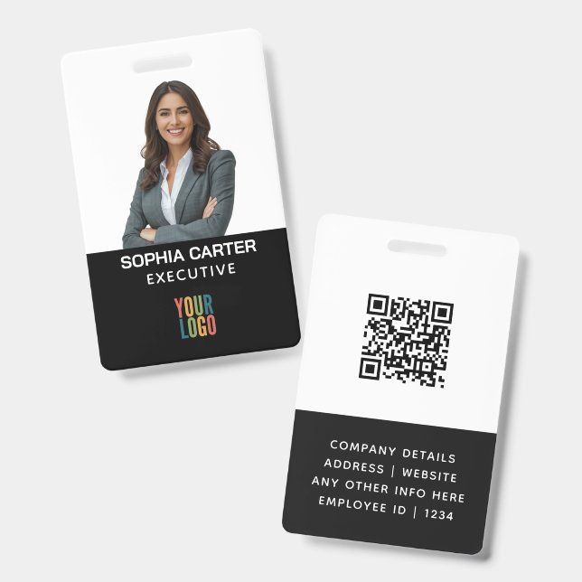 Crachá de ID Preto de Funcionário com Código QR de (Frente e verso)