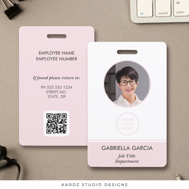 Crachá de ID Rosa do Código QR do Funcionário (Personalize this ID badge with employee photo and business logo, QR code and business information.)