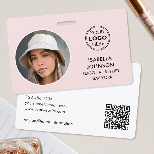 Crachá de ID Rosa Personalizado Moderno com Foto R (Criador carregado)