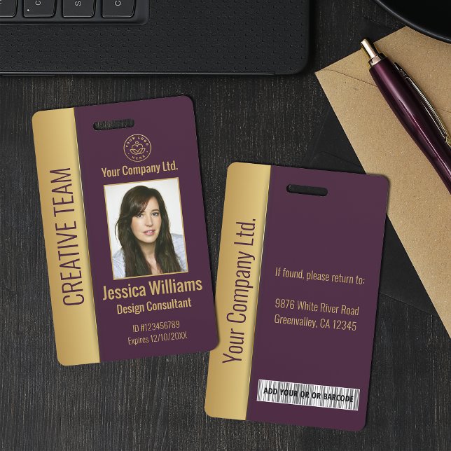 Crachá de ID Roxo Personalizado para Funcionário C (Criador carregado)