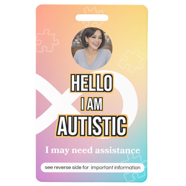 Crachá de Identificação com Foto de Alerta de Auti (Autism Alert Photo ID Badge–Personal Safety)