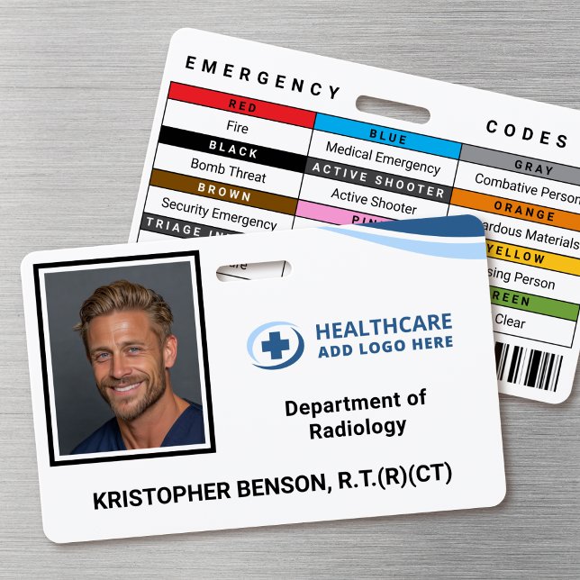 Crachá de Identificação com Foto de Funcionário do (Double-sided photo ID badge with custom emergency codes and barcode image)