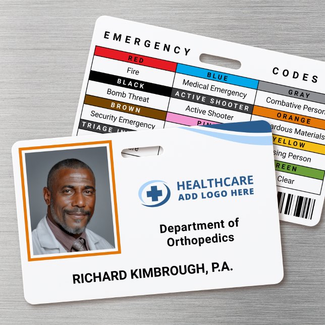 Crachá de Identificação com Foto Personalizado par (Double-sided photo ID badge with custom emergency codes and barcode image)