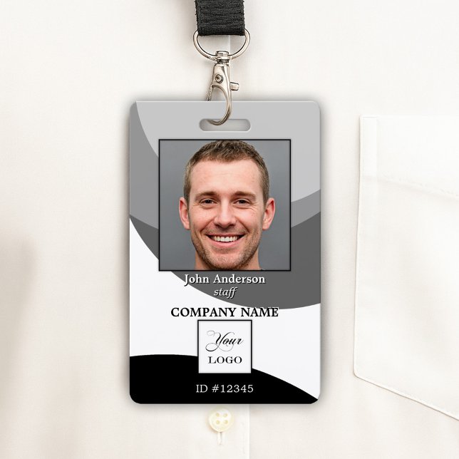 Crachá de identificação com logotipo preto e branc (Photo ID badge featuring a black and white design with a space for your custom photo and logo)