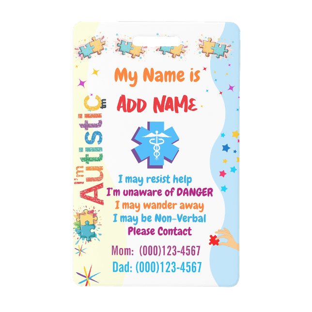 Crachá de Identificação de Alerta de Autismo para  (Autism Alert Nonverbal Autistic ID Badge)