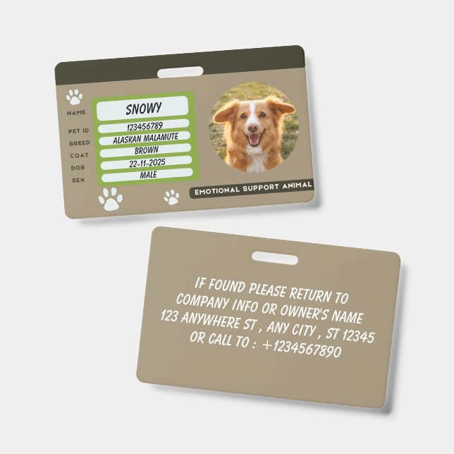 Crachá de identificação de cachorro com foto perso (Frente e verso)