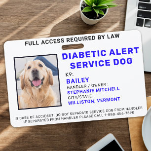 Crachá de Identificação de Cão de Alerta Diabético