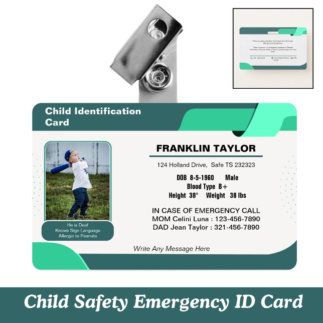 Crachá de Identificação de Emergência de Foto de C (Child Safety Emergency ID Card)