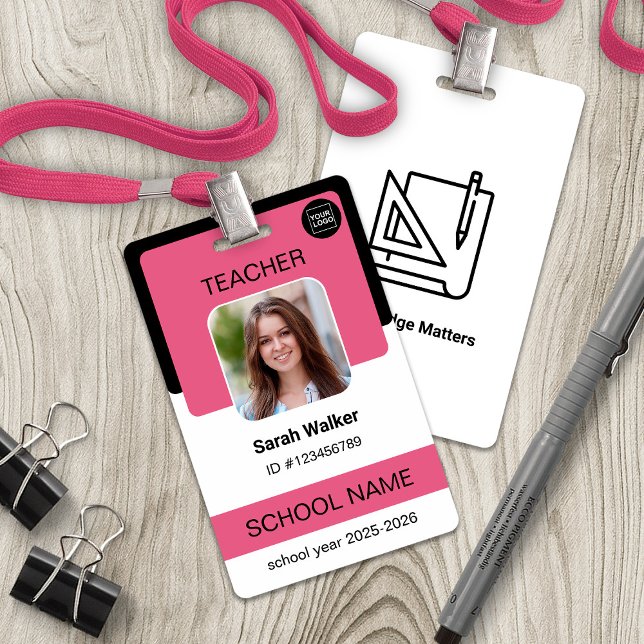 Crachá de Identificação de Foto para Professores – (Teacher Photo ID Badge – School Staff - Pink)
