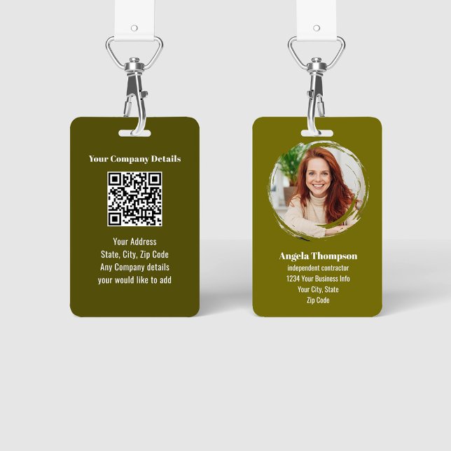 Crachá de Identificação de Foto Verde Moderno para (Modern business ID badge with photo template and QR code.)