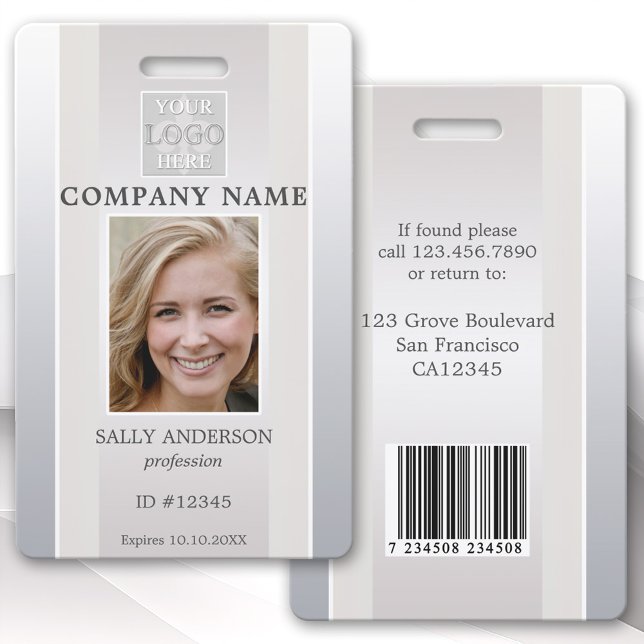 Crachá de identificação de funcionário bege pratea (Elegant silver beige photo ID badge with space for your custom photo and logo, bar code or QR code)