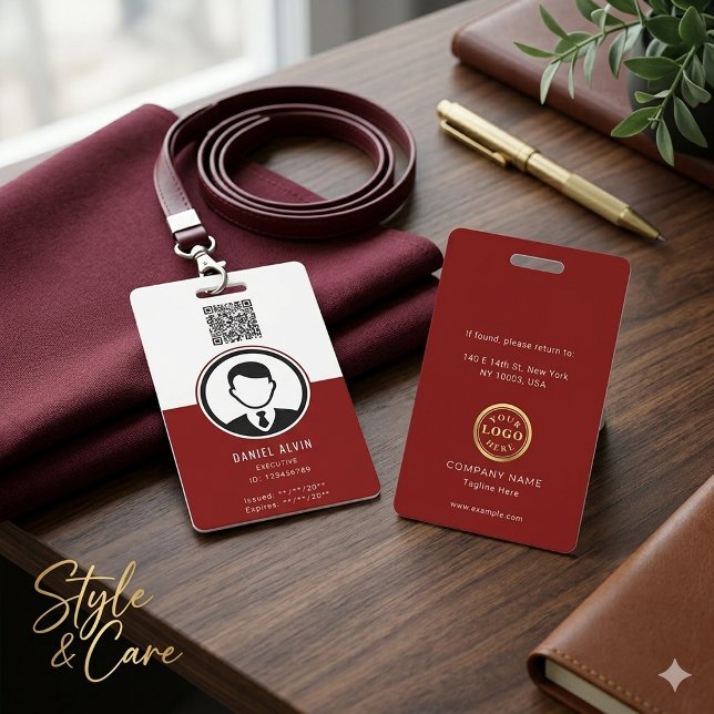 Crachá de Identificação de Funcionário Branco Eleg (Elegant White and Deep Red Employee ID Badge)