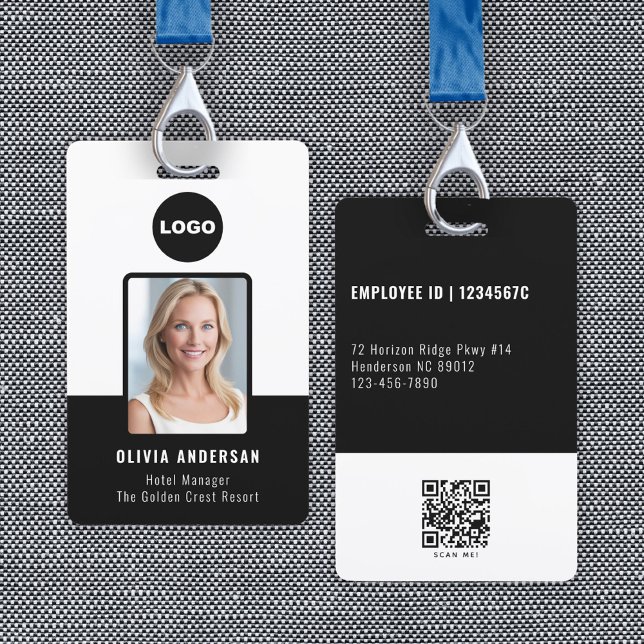 Crachá de Identificação de Funcionário com QR Code (Black Employee Photo ID Qr Code Company Security Badge)