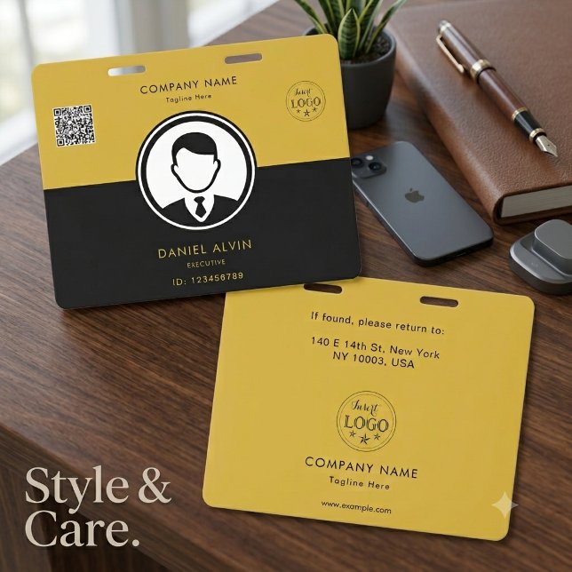 Crachá de Identificação de Funcionário de Escritór (Premium Black Gold Office Staff ID Badge Design)