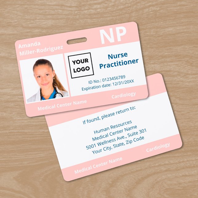 Crachá de identificação personalizado com foto ros (Custom Hospital Employee Logo Pink Photo ID Badge, front/back)