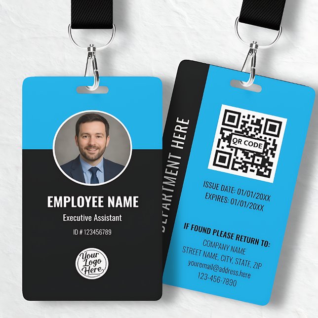 Crachá de identificação personalizado moderno azul (Custom Modern Blue Black Photo Employee ID Badge)