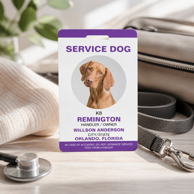 Crachá de identificação personalizado roxo para cã (Personalized purple White Service Dog Photo ID Badge
)