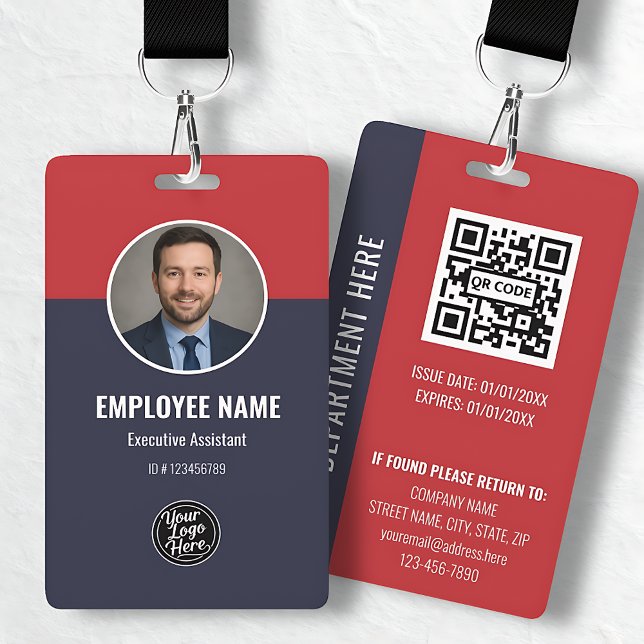 Crachá de Identificação Profissional Azul Marinho  (Professional Navy Blue Red Custom Employee ID Badge)
