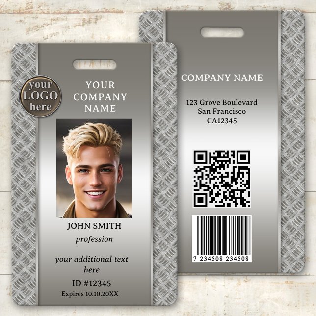 Crachá de Identificação Profissional em Metal (Photo ID badge in metallic construction style with space for your custom photo and logo)