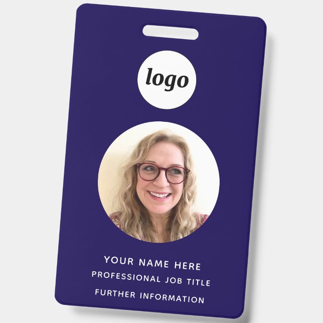 Crachá de Identificação Profissional Limpo Azul-Ma (Simple logo with custom text business branding promotional photo ID badge in navy blue)