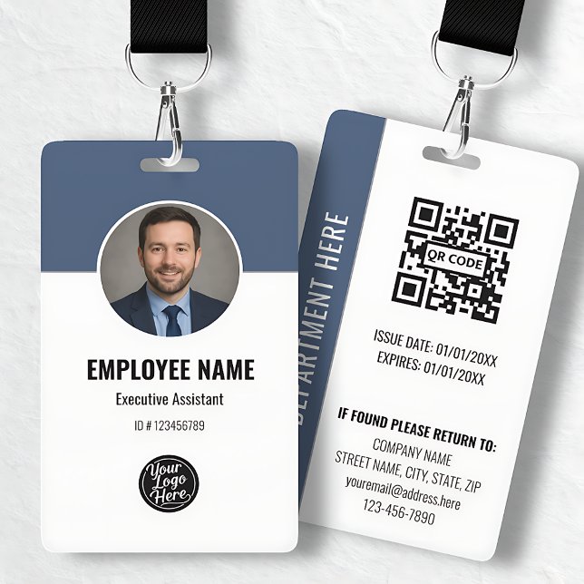 Crachá de Identificação Profissional Moderno em Br (Modern Navy White Photo ID Employee QR Code Badge)