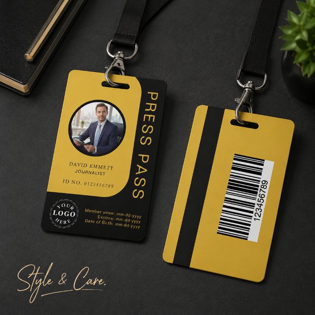 Crachá de Identificação Profissional Preto e Doura (Professional Black Gold Media Press Pass ID Badge)