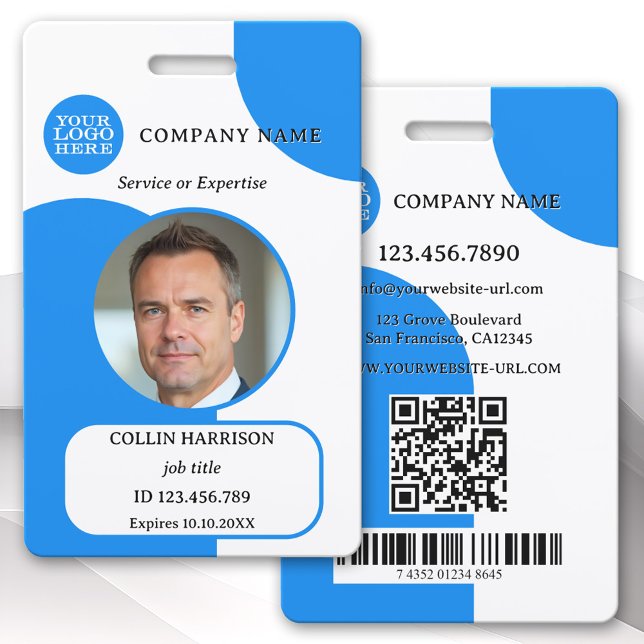 Crachá de identificação retro azul ousado com foto (Photo ID badge featuring your custom photo and logo on a colorful blue white retro design.)